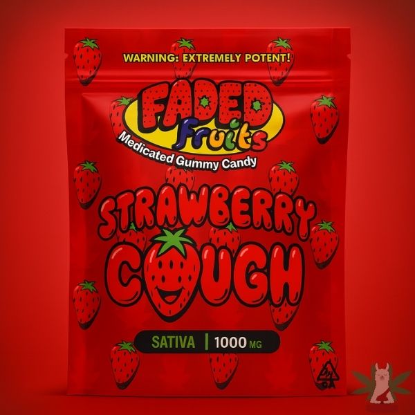 Faded Fruits Strawberry Cough gummies from Leafy Llama Dispensary – premium hybrid cannabis edibles in Arlington VA.