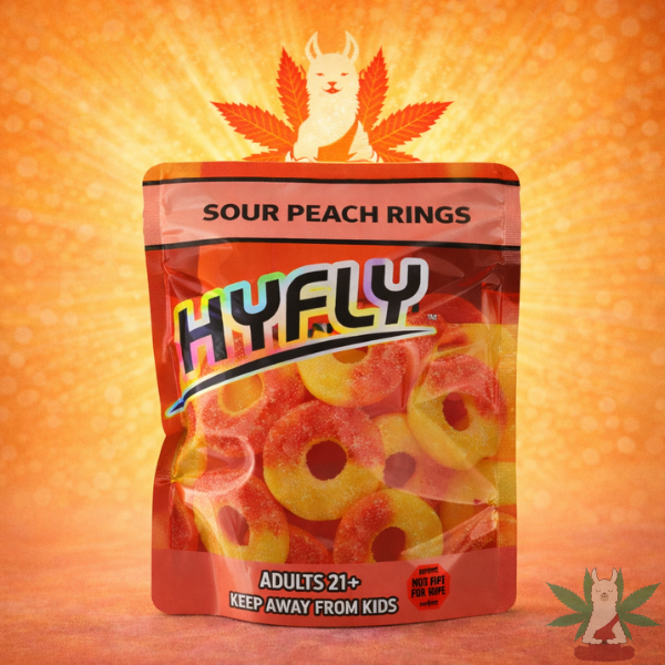 HYFLY Sour Peach Rings THC gummies available in Arlington VA at Leafy Llama Dispensary